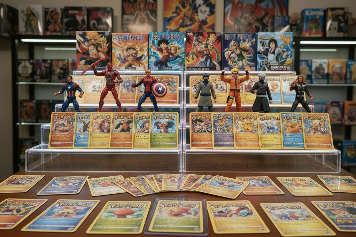 create an image of trading card games like pokemon, one piece, and also action figures from marvel, one piece, dragon ball, jujutsu kaisen