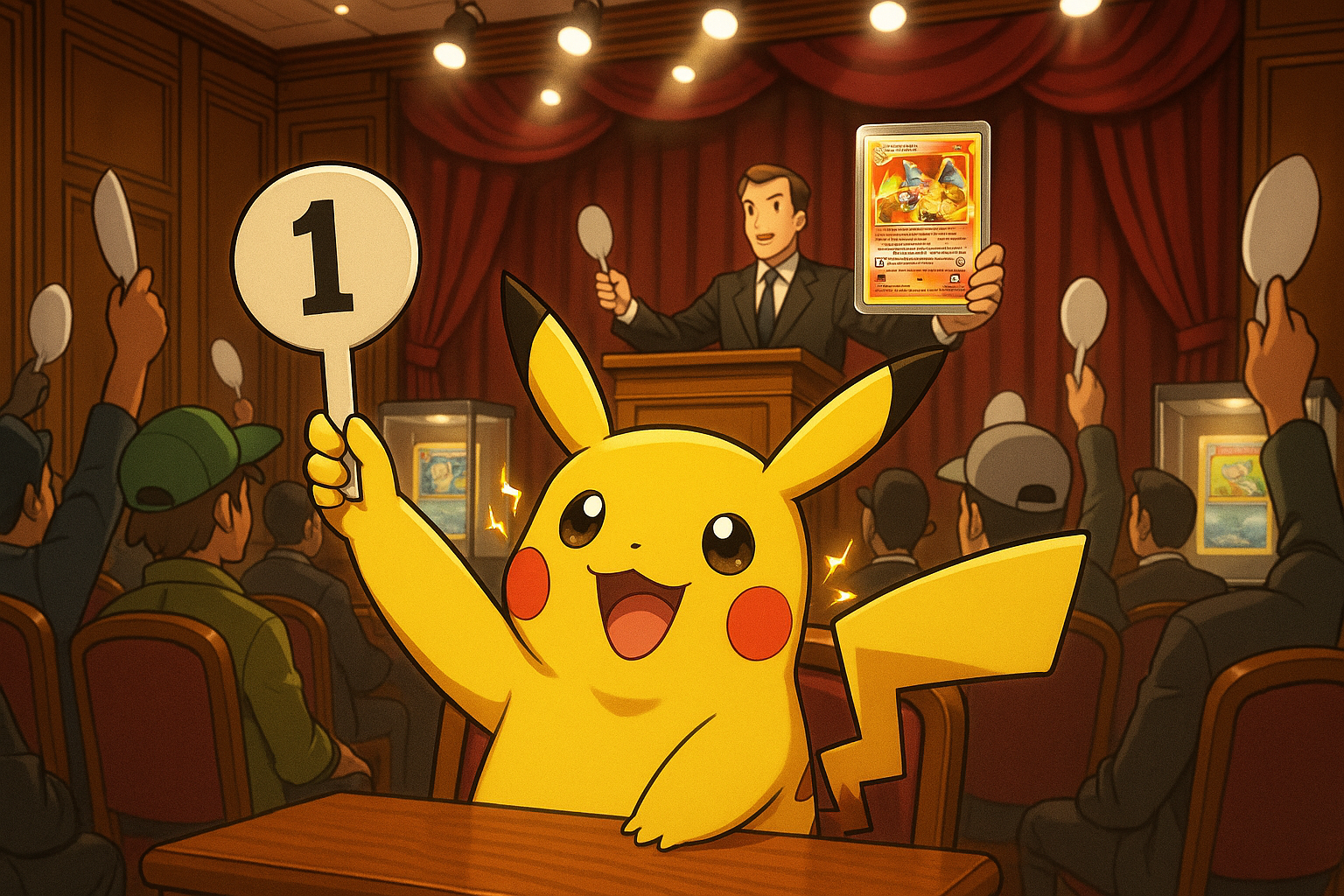 imagen de pikachu participando en una subasta de cartas pokemon